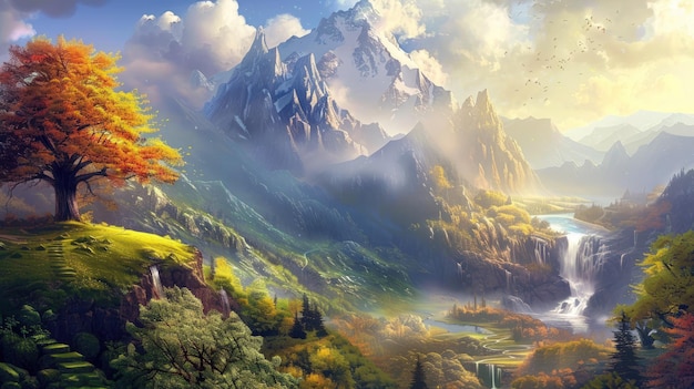 Illustration Fairytale landscape pc wallpaper backgroundAi generated