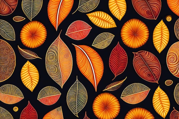 Illustration of fallen autumn leaves on a dark background in African style