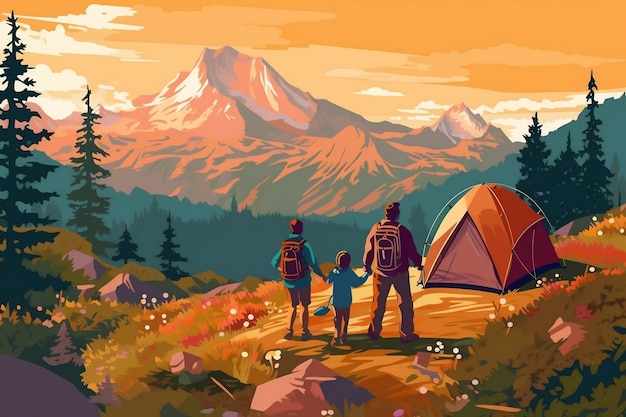 Illustration of a Family Camping and Hiking in the Mountains Generative Ai