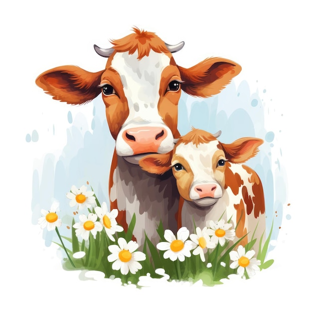 Illustration of a family of cows mother cow and calf on a white background