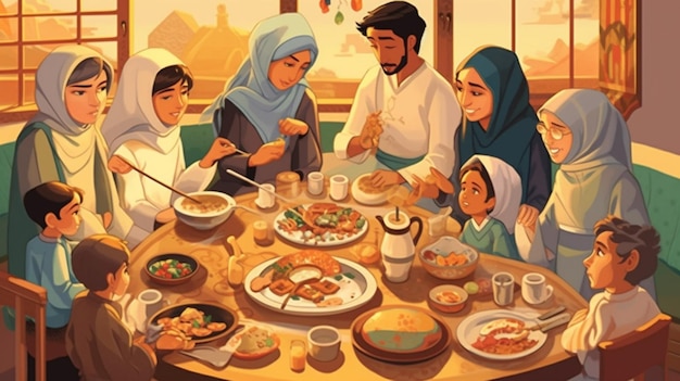 An illustration of a family feast during Eid al Adah