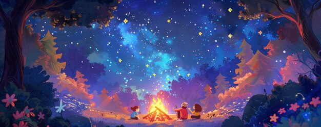 Photo an illustration of a family gathered around a crackling campfire roasting marshmallows and sharing stories under a starfilled sky in the midst of a dense forest