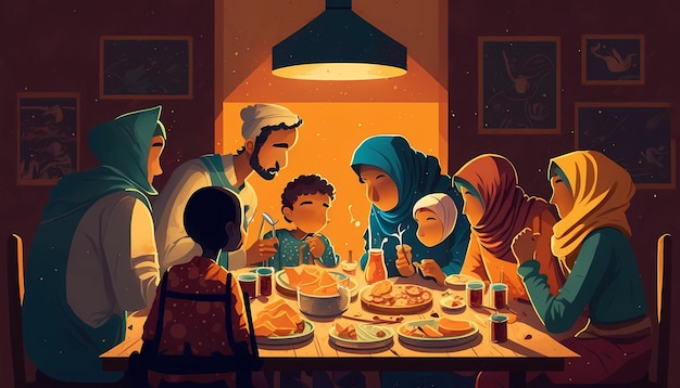 An illustration of a family gathered for iftar digital art illustration