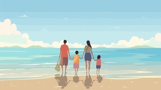 illustration family holding hands back to back on the beach