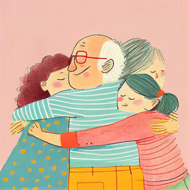 An illustration of a family hugging each other