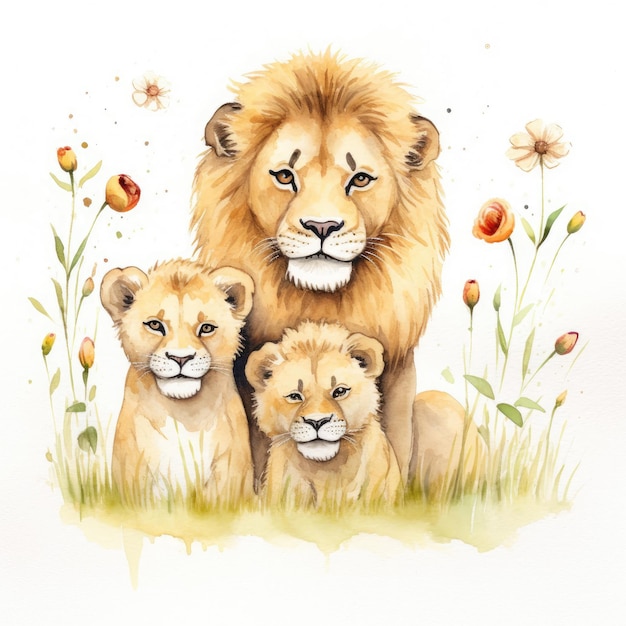 Illustration of a family of lions with flowers on a white background