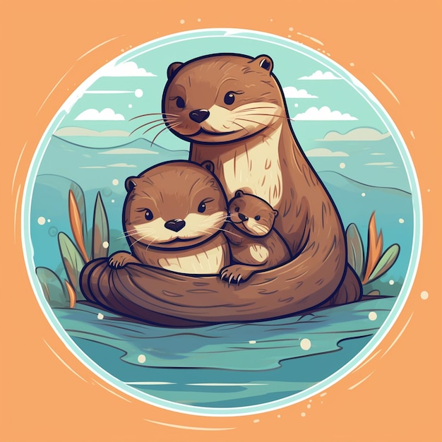 Photo an illustration of a family of otters in a pond.