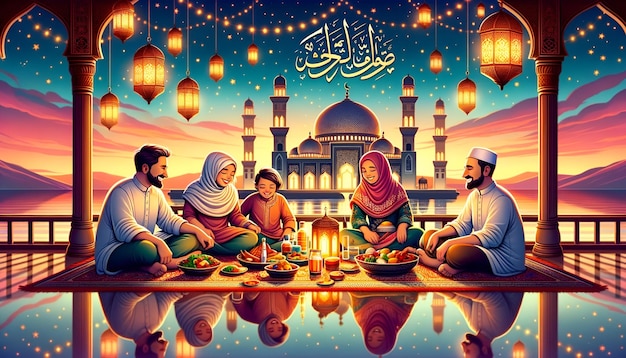 Иллюстрация семьи во время Рамадана в сумерках