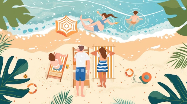 夏にビーチでリラックスしている家族のイラスト