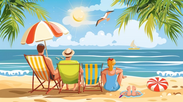 illustration of a family relaxing on the beach in summer