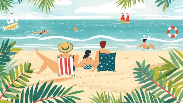 illustration of a family relaxing on the beach in summer