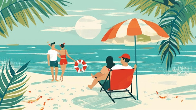 夏にビーチでリラックスしている家族のイラスト