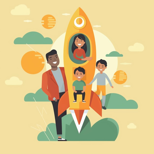 Photo illustration of a family standing on a rocket with a man and a woman generative ai