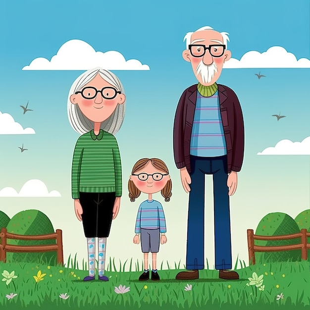 An illustration of a family of three standing in a field