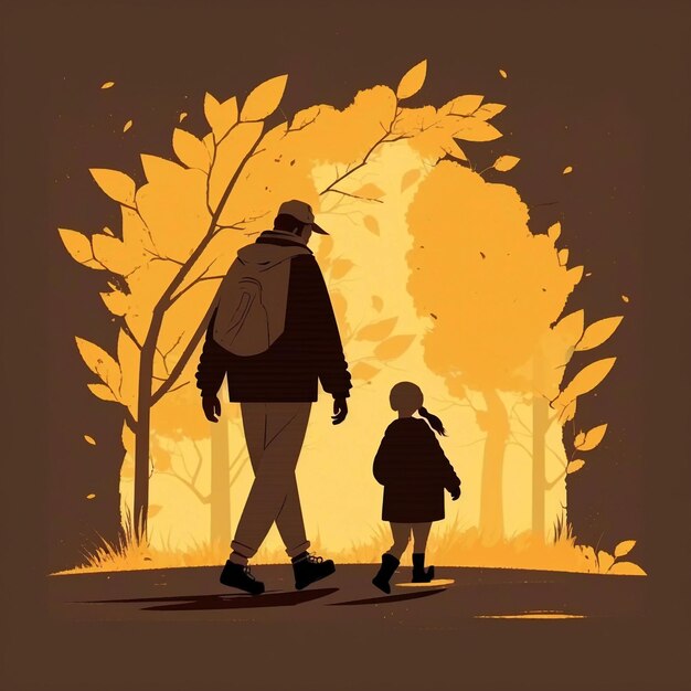 イラスト家族の歩く木の影と日没