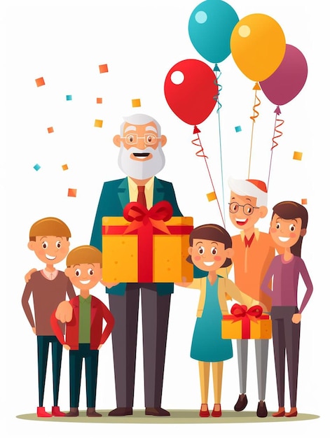 Foto un'illustrazione di una famiglia con un regalo e un biglietto che dice buon compleanno