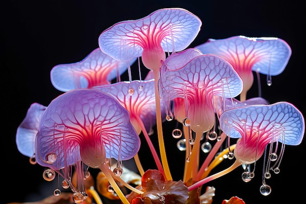 Иллюстрация фантастических грибов в каплях воды на сюрреалистическом рисунке грибов AI Generated