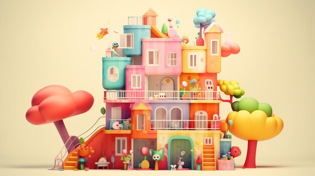 illustration of a fantasy castle with balloons and stairs