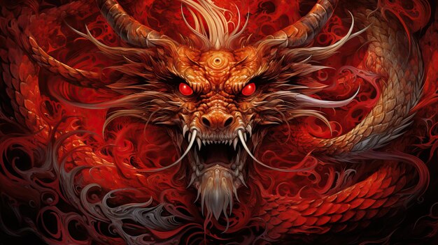 Illustration of a fantasy chinese dragon with red color theme