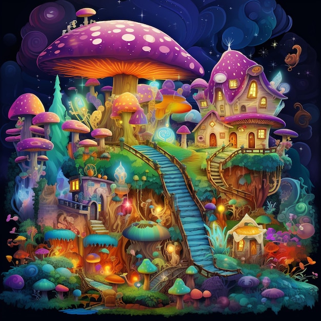 Photo illustration of a fantasy fairy village with a staircase leading to a mushroom house generative ai