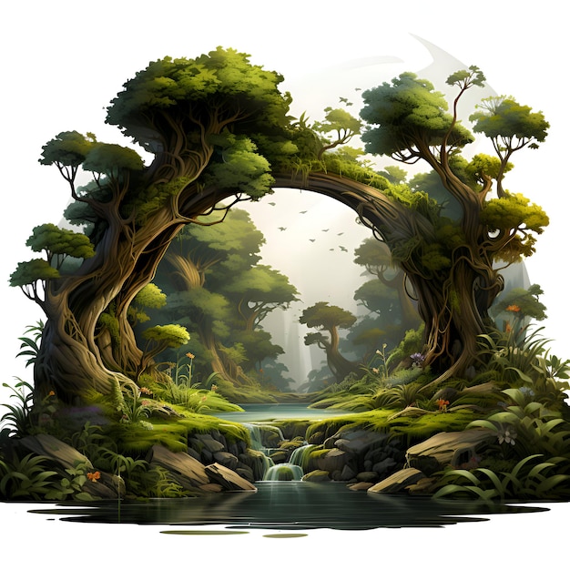 Иллюстрация фантастического леса с водопадом посередине.