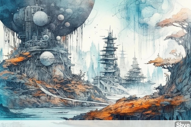 Illustration of a Fantasy Landscape with an Airship in the Horizon
