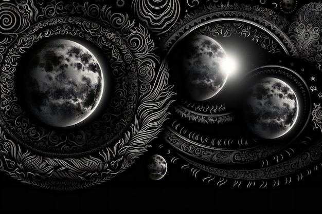 Иллюстрация фантастического пейзажа с луной и звездами в черно-белом цвете