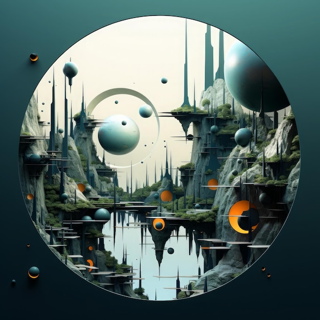 Illustration of fantasy landscape with planets trees and lake Generative AI