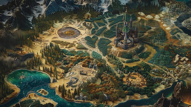 An illustration of a fantasy map with a castle mountains and a lake The map is drawn in a realistic style and has a medieval theme