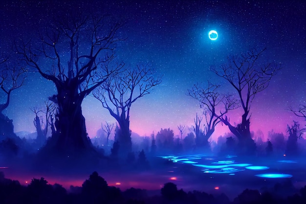 Illustration fantasy of neon forest Glowing colorful look like fairytale