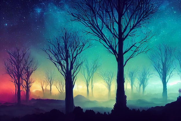 illustration fantasy of neon forest glowing colorful look like fairytale