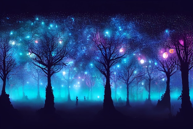 Illustration fantasy of neon forest Glowing colorful look like fairytale