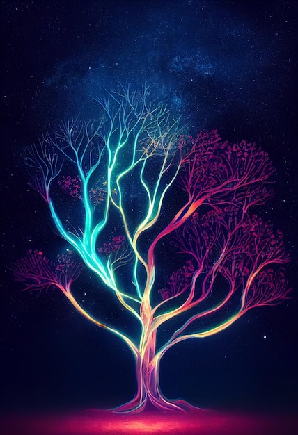 Illustration fantasy of neon forest Glowing colorful look like fairytale