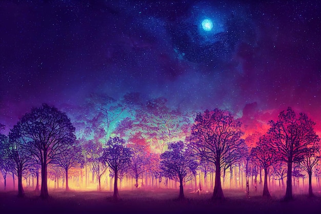 Illustration fantasy of neon forest Glowing colorful look like fairytale