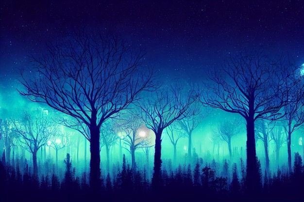 Illustration fantasy of neon forest Glowing colorful look like fairytale