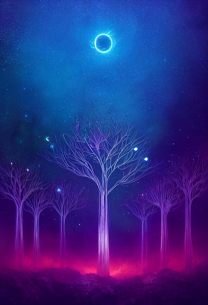 Иллюстрационная фантазия о неоновом лесу Светящийся красочный вид, похожий на сказку