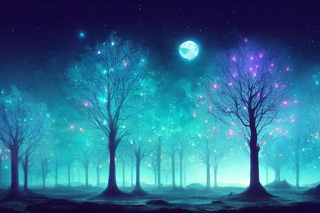 Illustration fantasy of neon forest Glowing colorful look like fairytale