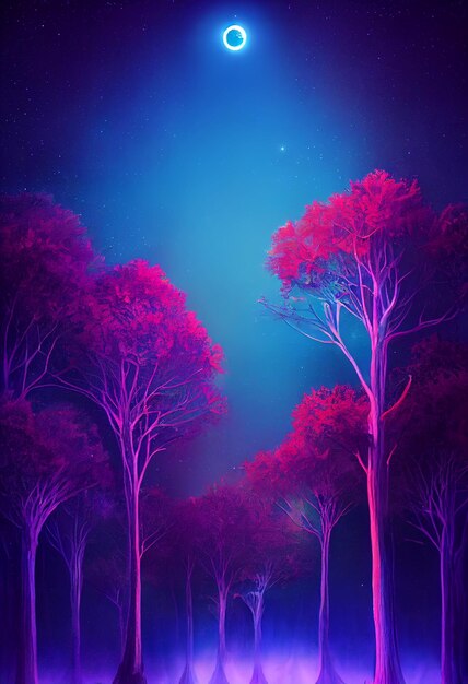 Illustration fantasy of neon forest Glowing colorful look like fairytale