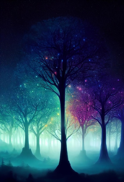 illustration fantasy of neon forest glowing colorful look like fairytale