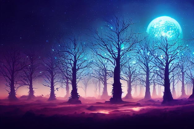 Illustration fantasy of neon forest Glowing colorful look like fairytale