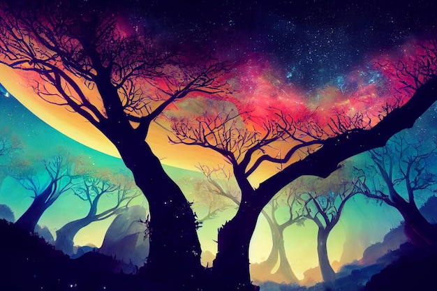 illustration fantasy of neon forest glowing colorful look like fairytale