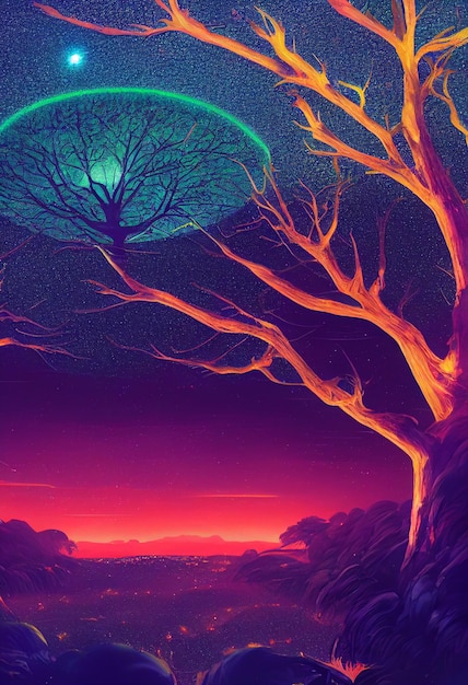 Illustration fantasy of neon forest Glowing colorful look like fairytale