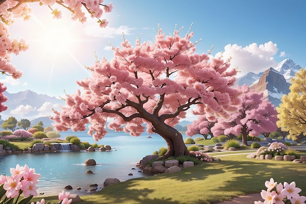 Illustration of a fantasy spring world with bright sun and cherry blossoms
