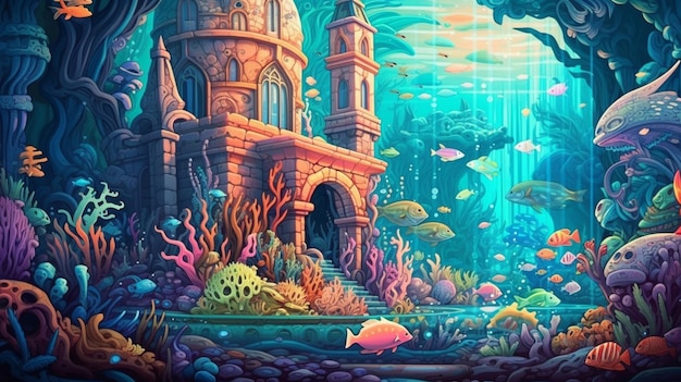 Illustration of a fantasy underwater world with a castle and fish generative ai