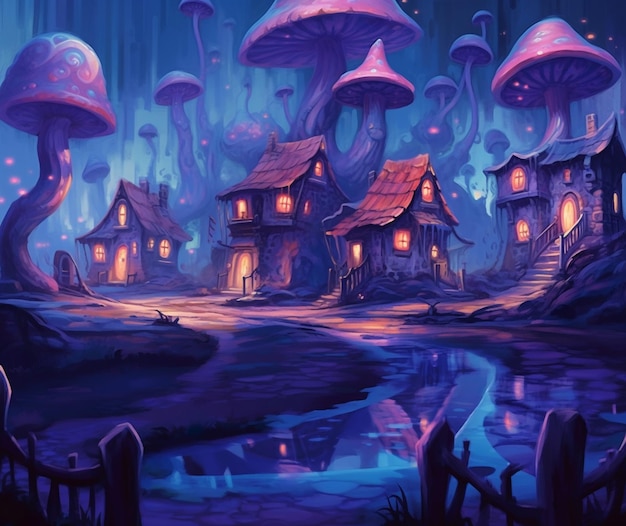 illustration of a fantasy village with a pond and mushrooms generative ai