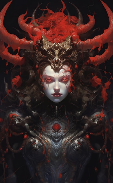 Illustration of a Fantasy Woman with Red Horns and Flames