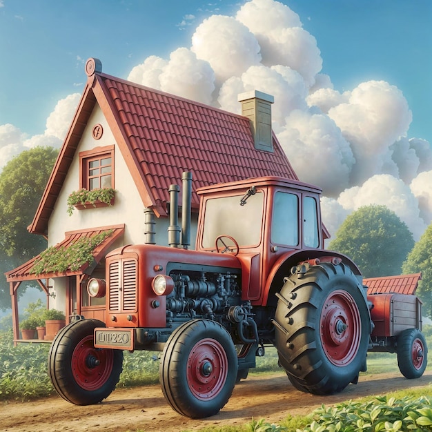 Photo illustration of a farm with tractor in the countryside