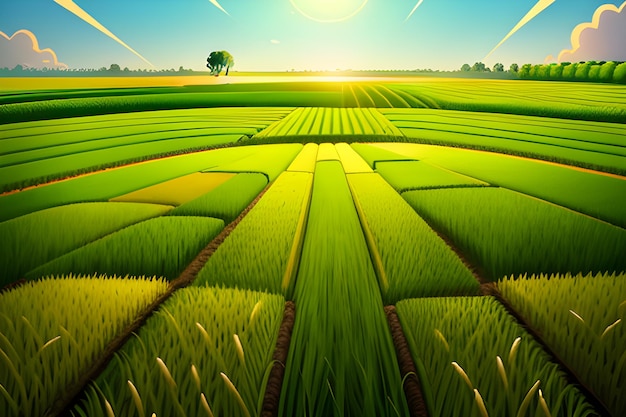 illustration of farmer spreads fertilizers in the field of paddy rice plants