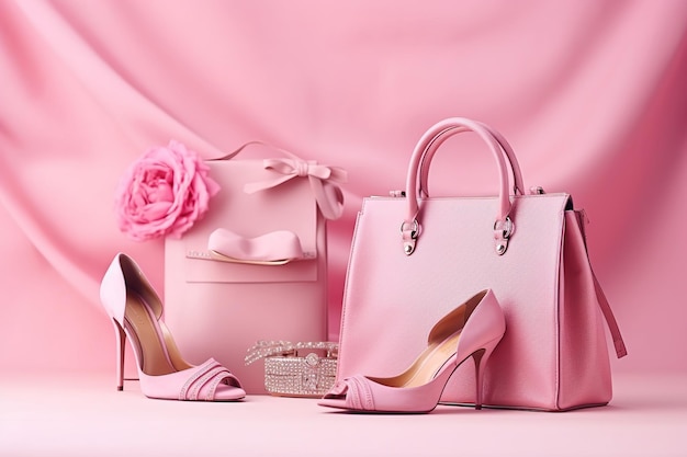 illustration of Fashion accessories bag high heels clothes in background