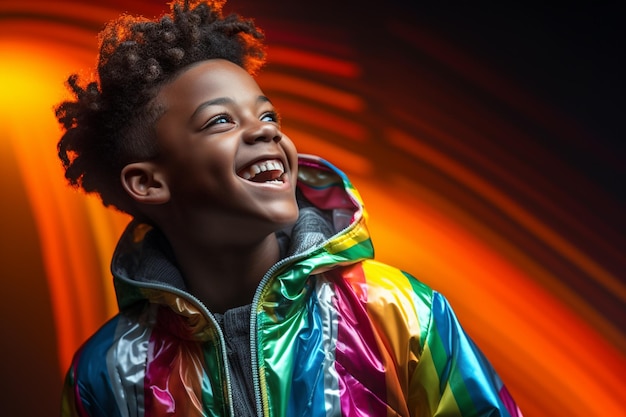 иллюстрация модного мальчика в радужной куртке, улыбающегося в камеру, позирует на фоне радуги